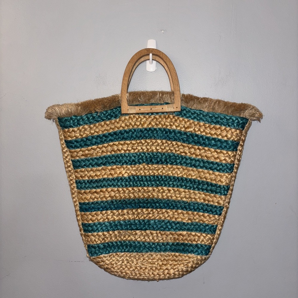 Antik Kraft Turquoise Stripe Jute Wooden Handle Tote Bag Beach Resortwear